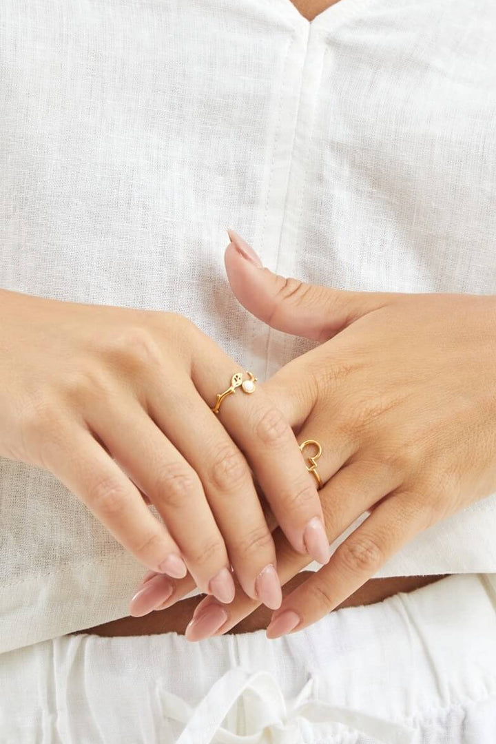 anillo hoja flor hoja blanco dorado ajustable acero