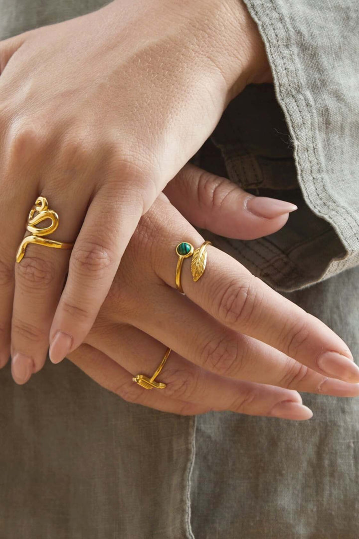 anillo pluma hoja ajustable verde dorado