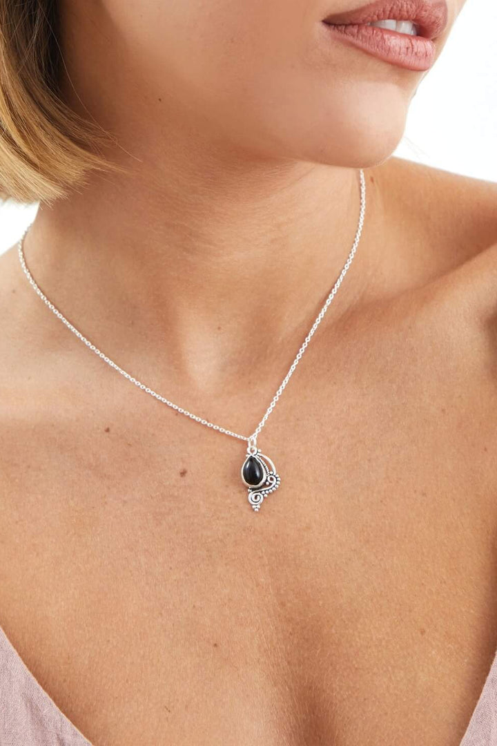 collar mandala boho etnico onix plata negro mineral 